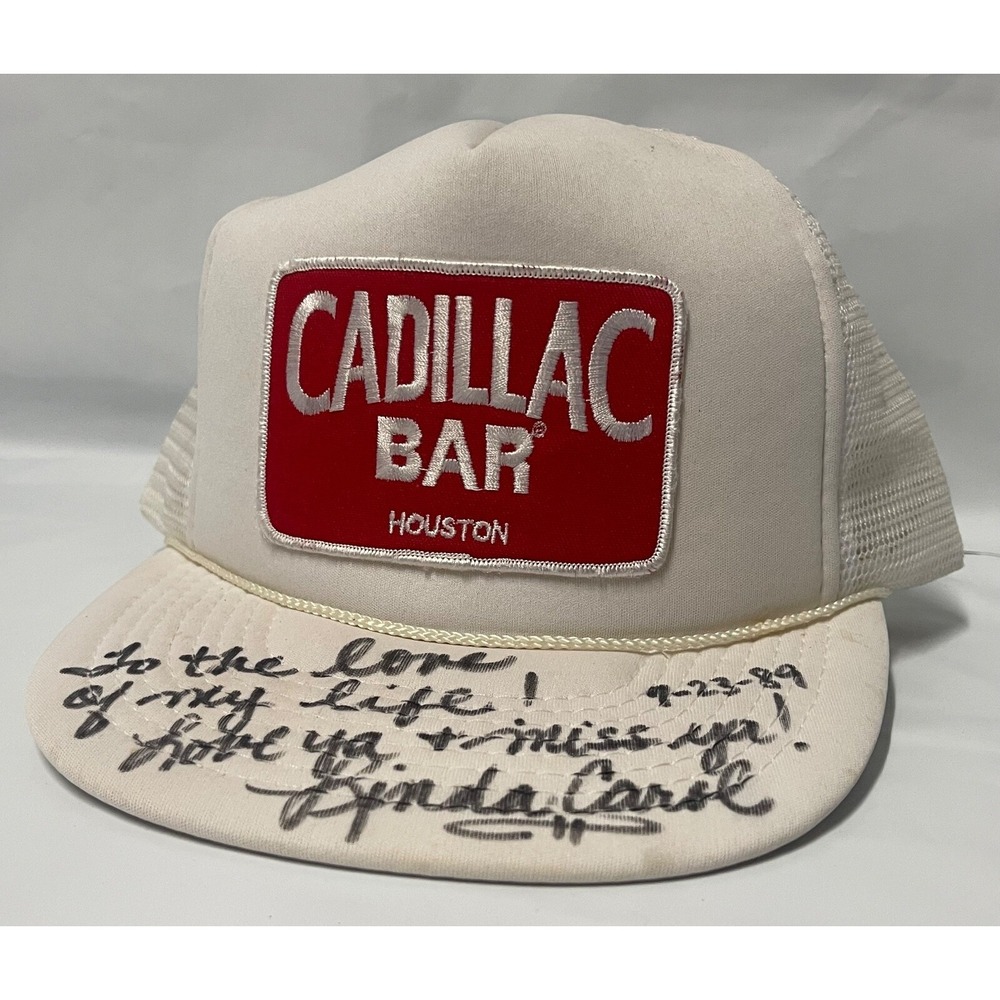 CADILLAC BAR HOUSTON TEXAS 1989 CAP SIGNED BY LINDA CAROL HAT